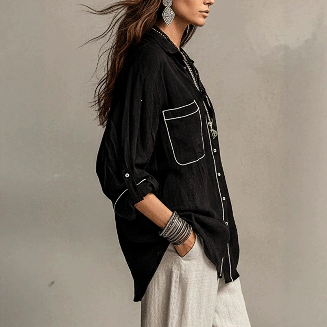 Carmel - Women's Boho Relaxed Long Sleeve Button-Front Shirt 6