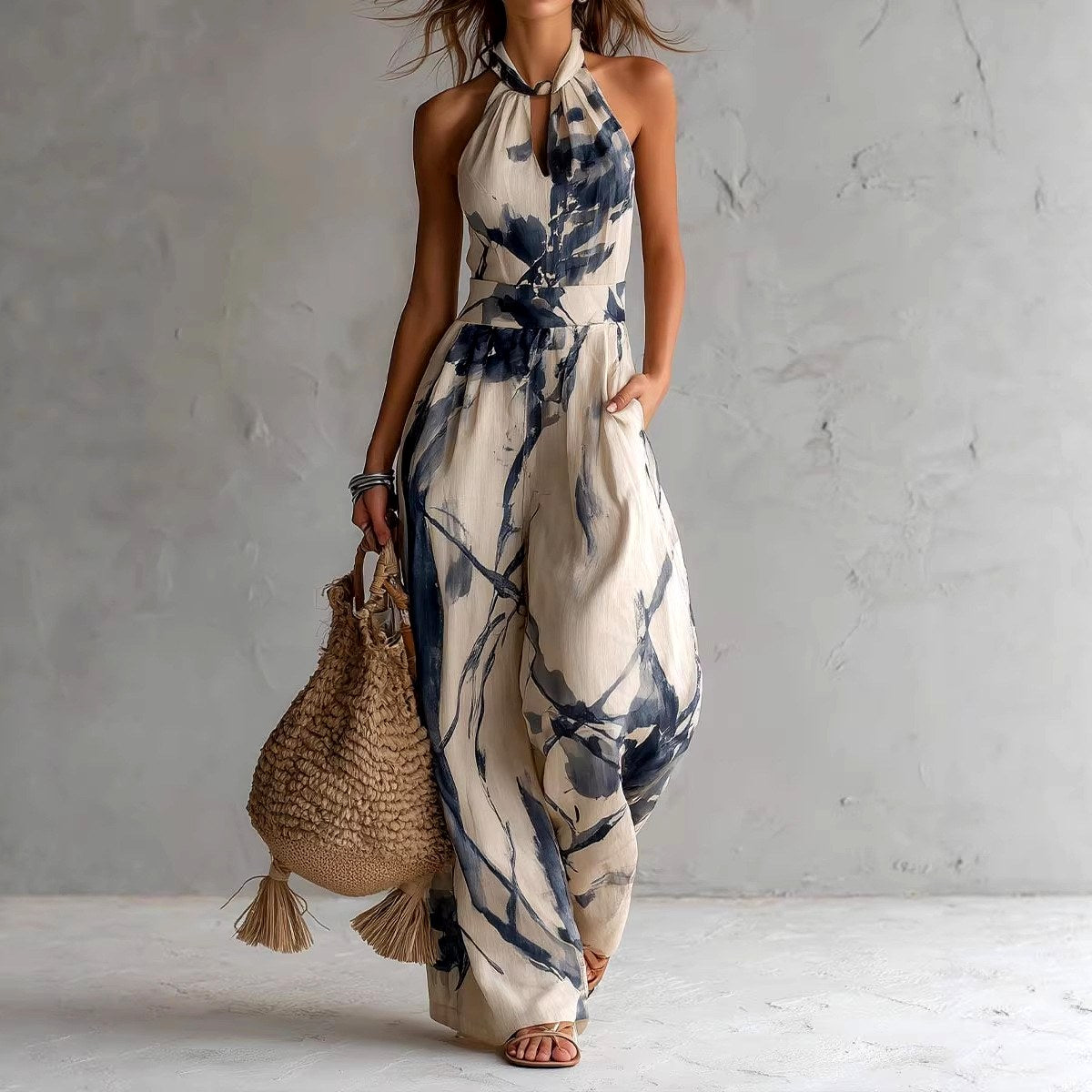 Carolina - Women's Abstract Print Halter Wide Leg Jumpsuit 1