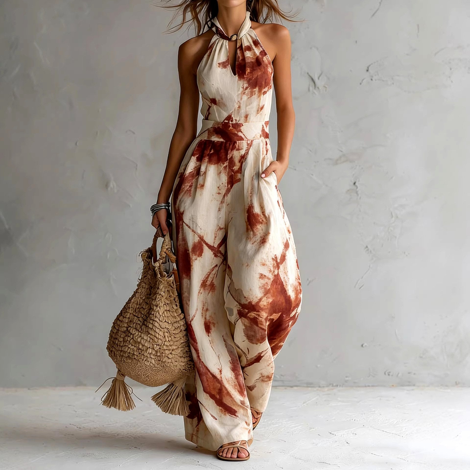 Carolina - Women's Abstract Print Halter Wide Leg Jumpsuit 2