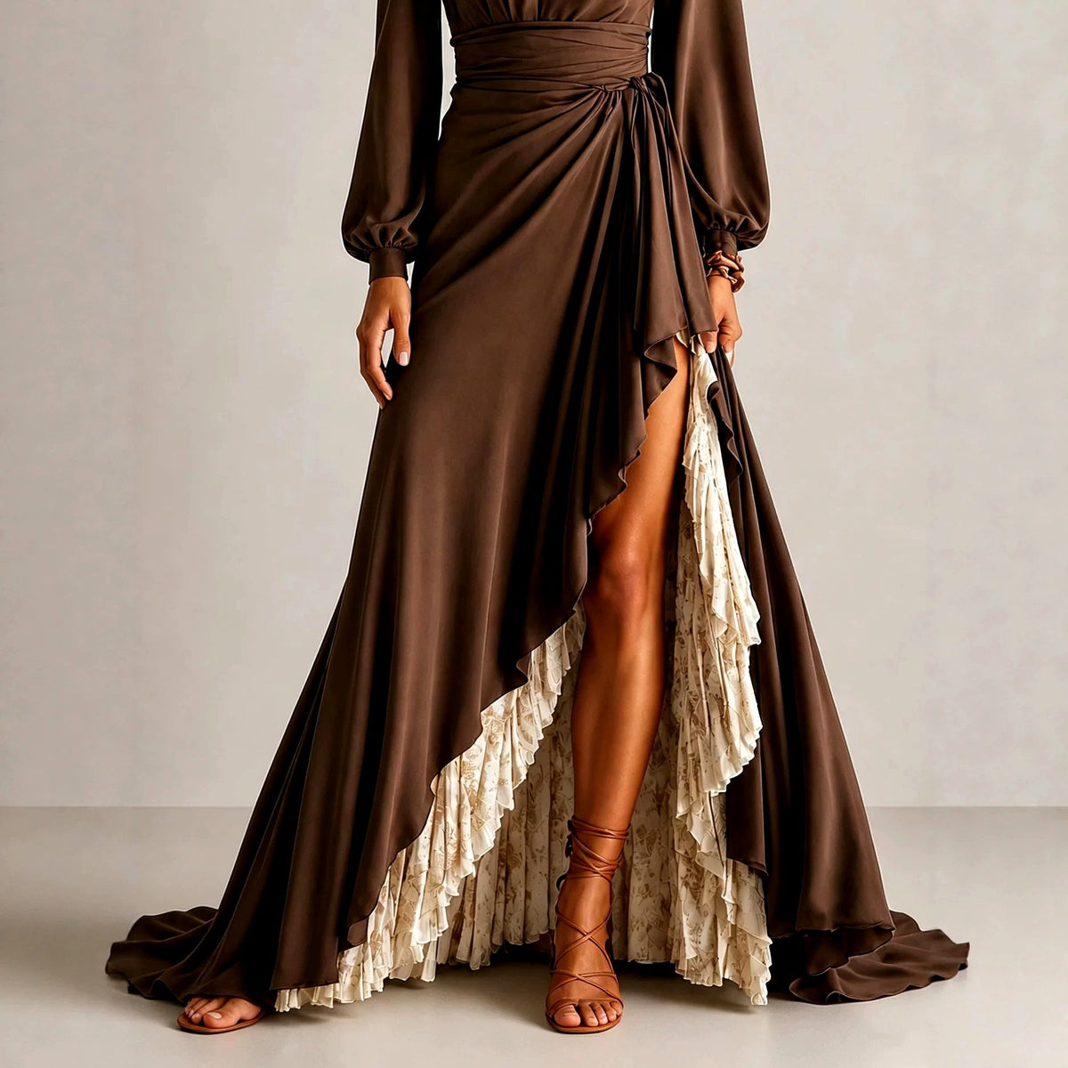Cassandra - Women's Asymmetric Ruffle Long Sleeve Maxi Dress 3