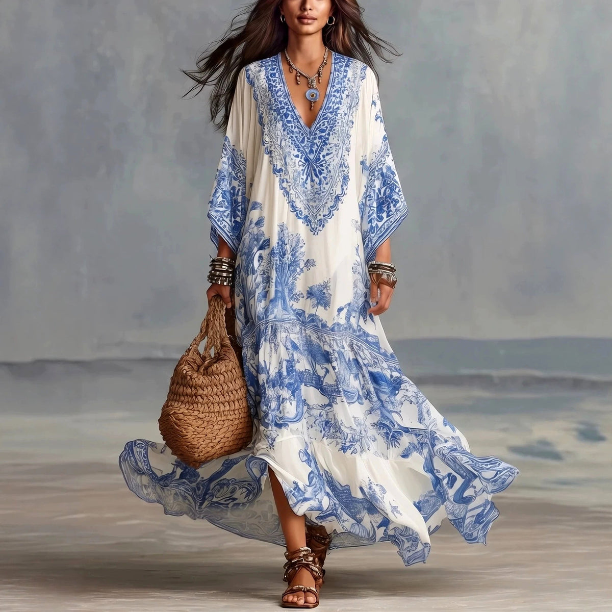 Cecilia - Women's Boho Print V-Neck Maxi Dress 1