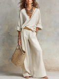 Celeste - Women's Linen-Look V-Neck Relaxed-Fit Wide-Leg Pants Set