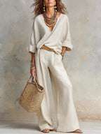 Celeste - Women's Linen-Look V-Neck Relaxed-Fit Wide-Leg Pants Set