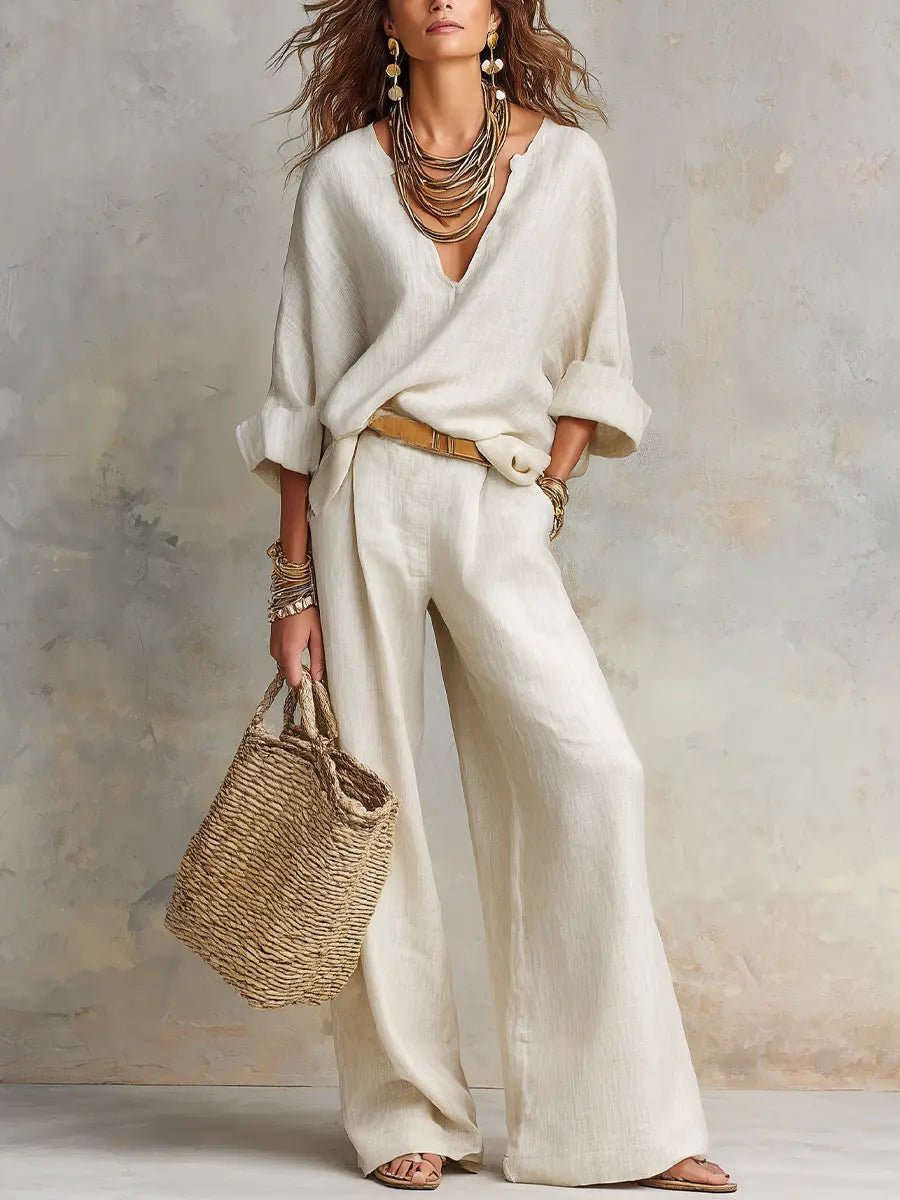 Celeste - Women's Linen-Look V-Neck Relaxed-Fit Wide-Leg Pants Set