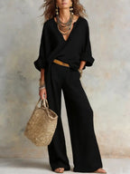 Celeste - Women's Linen-Look V-Neck Relaxed-Fit Wide-Leg Pants Set