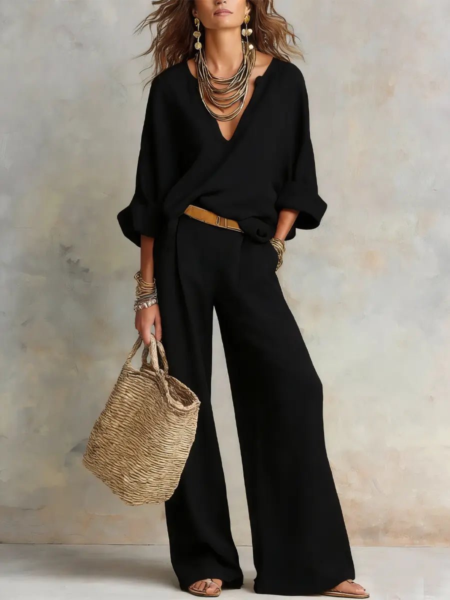 Celeste - Women's Linen-Look V-Neck Relaxed-Fit Wide-Leg Pants Set