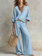Celeste - Women's Linen-Look V-Neck Relaxed-Fit Wide-Leg Pants Set