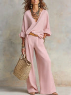 Celeste - Women's Linen-Look V-Neck Relaxed-Fit Wide-Leg Pants Set