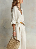 Celeste - Women's Linen-Look V-Neck Relaxed-Fit Wide-Leg Pants Set