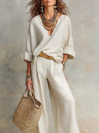 Celeste - Women's Linen-Look V-Neck Relaxed-Fit Wide-Leg Pants Set