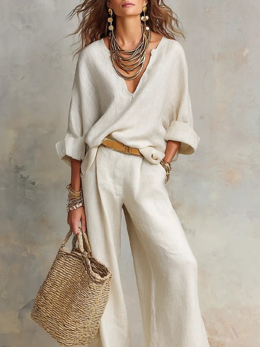 Celeste - Women's Linen-Look V-Neck Relaxed-Fit Wide-Leg Pants Set