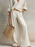 Celeste - Women's Linen-Look V-Neck Relaxed-Fit Wide-Leg Pants Set
