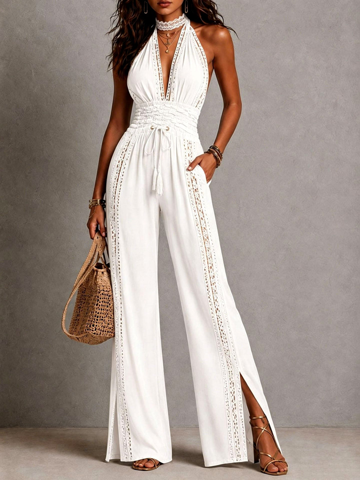 Celeste - Women's Halter Neck Lace Trim Jumpsuit 5