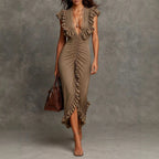 Charline - Women's Deep V-Neck Flutter Sleeve Bodycon Maxi Dress 1
