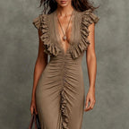 Charline - Women's Deep V-Neck Flutter Sleeve Bodycon Maxi Dress 2