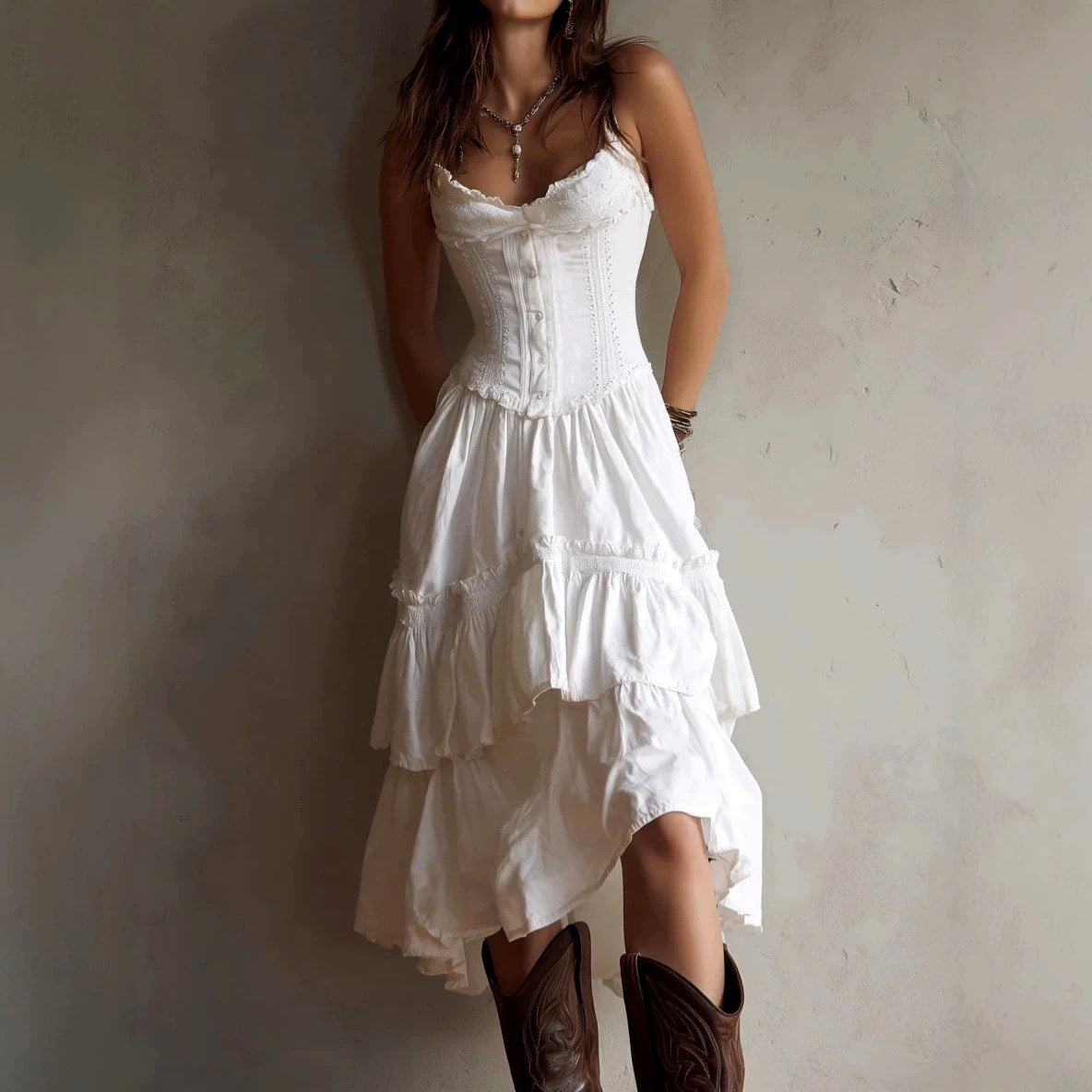 Cherry - Women's Lace-Trim Corset Midi Ruffle Dress 1