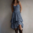 Cherry - Women's Lace-Trim Corset Midi Ruffle Dress 3