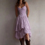 Cherry - Women's Lace-Trim Corset Midi Ruffle Dress 4