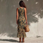 Cheryl - Women's Tropical V-Neck Ruched Resort Maxi Dress 6