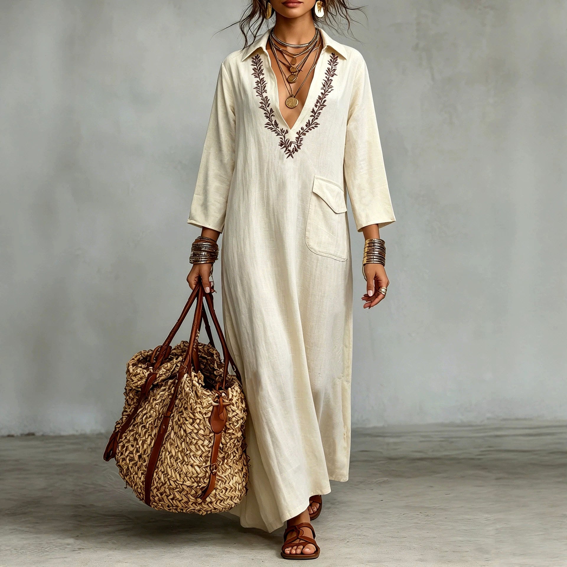 Ciara - Women's Ethnic Embroidery Deep V-Neck Boho Maxi Dress 1