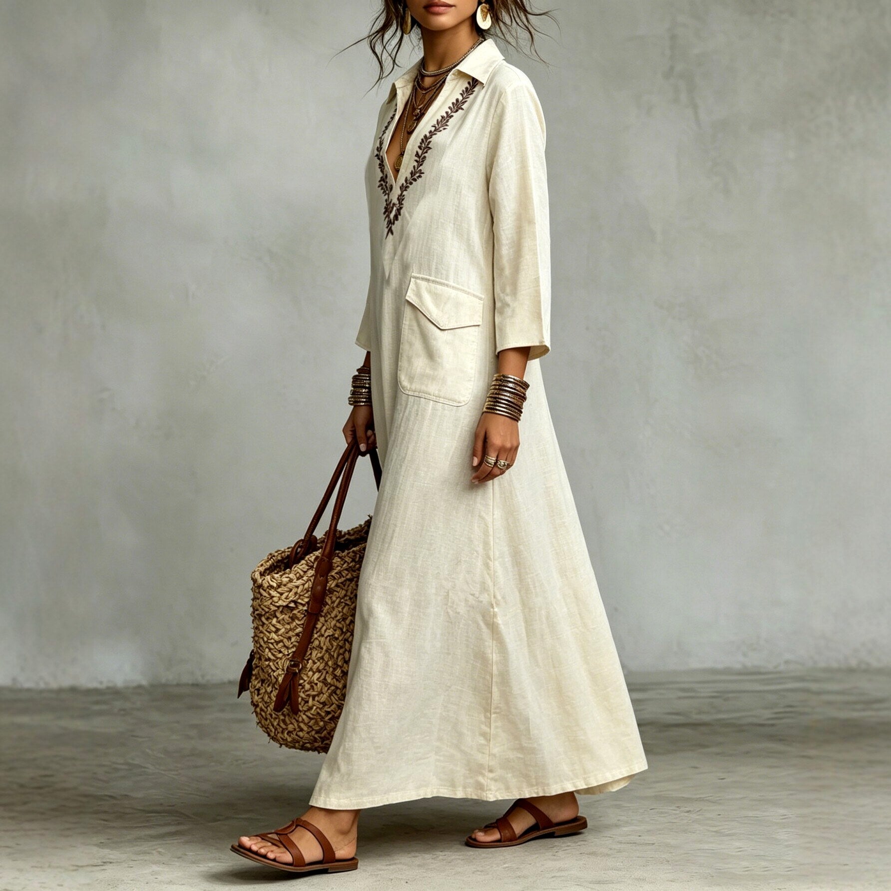 Ciara - Women's Ethnic Embroidery Deep V-Neck Boho Maxi Dress 2