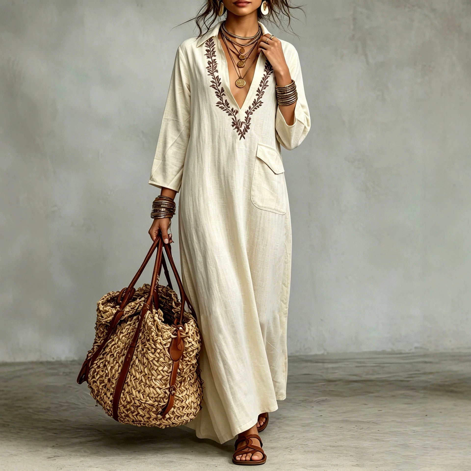 Ciara - Women's Ethnic Embroidery Deep V-Neck Boho Maxi Dress 3