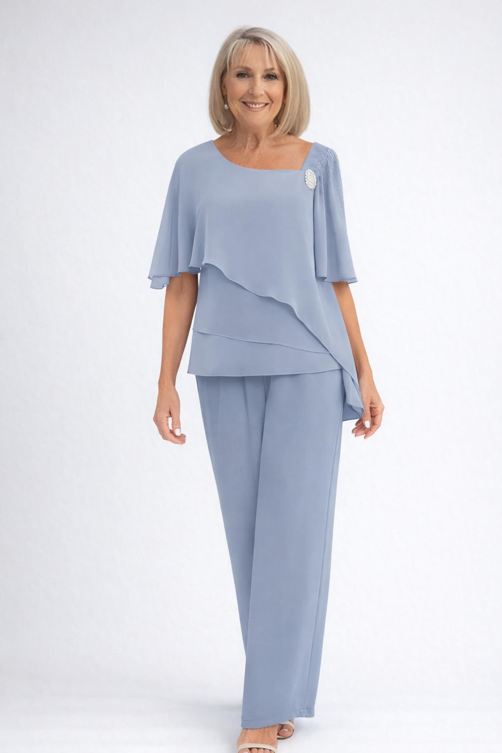 Claire - Women's Layered Chiffon Cape Top & Straight-Leg Trouser Set
