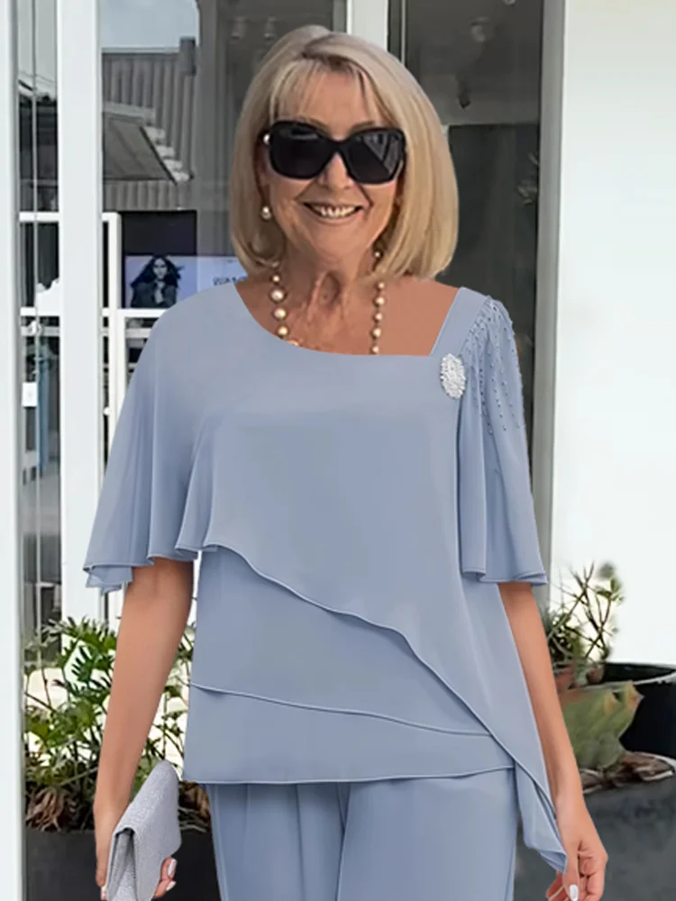 Claire - Women's Layered Chiffon Cape Top & Straight-Leg Trouser Set