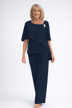 Claire - Women's Layered Chiffon Cape Top & Straight-Leg Trouser Set