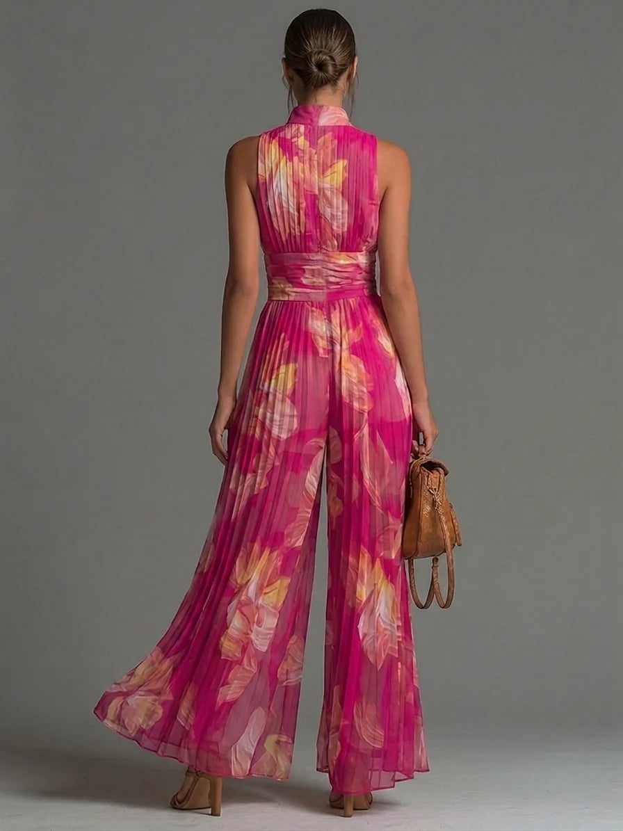 Claire - Women's Pleated Chiffon Jumpsuit with Floral Print