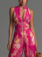 Claire - Women's Pleated Chiffon Jumpsuit with Floral Print