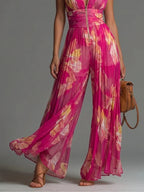 Claire - Women's Pleated Chiffon Jumpsuit with Floral Print