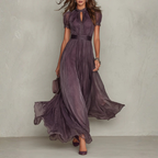 Clara - Women's Tie-Neck Chiffon Maxi Dress with Short Sheer Sleeves