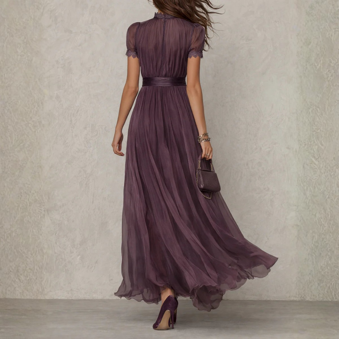Clara - Women's Tie-Neck Chiffon Maxi Dress with Short Sheer Sleeves
