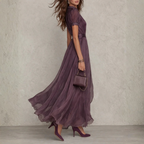 Clara - Women's Tie-Neck Chiffon Maxi Dress with Short Sheer Sleeves