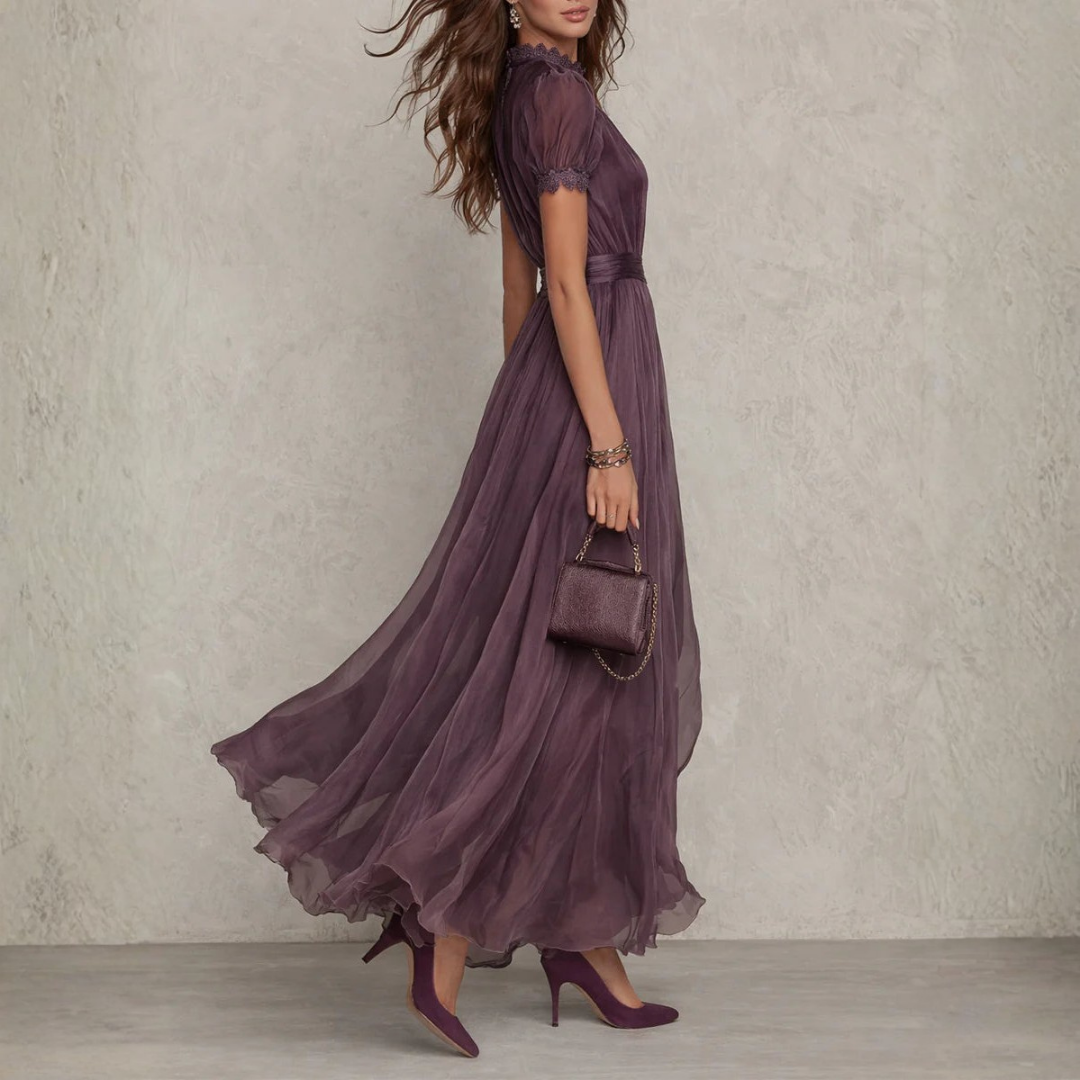Clara - Women's Tie-Neck Chiffon Maxi Dress with Short Sheer Sleeves