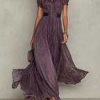 Clara - Women's Tie-Neck Chiffon Maxi Dress with Short Sheer Sleeves