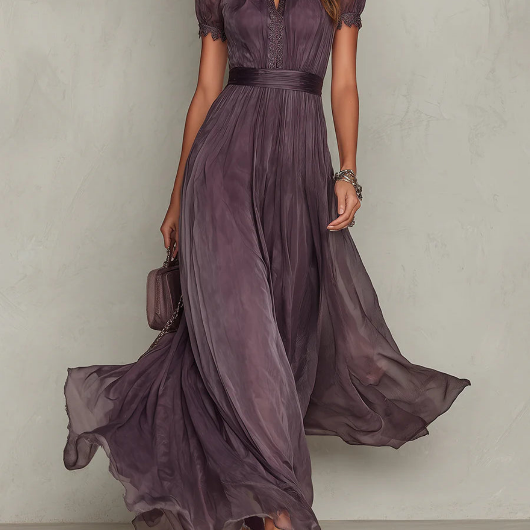 Clara - Women's Tie-Neck Chiffon Maxi Dress with Short Sheer Sleeves