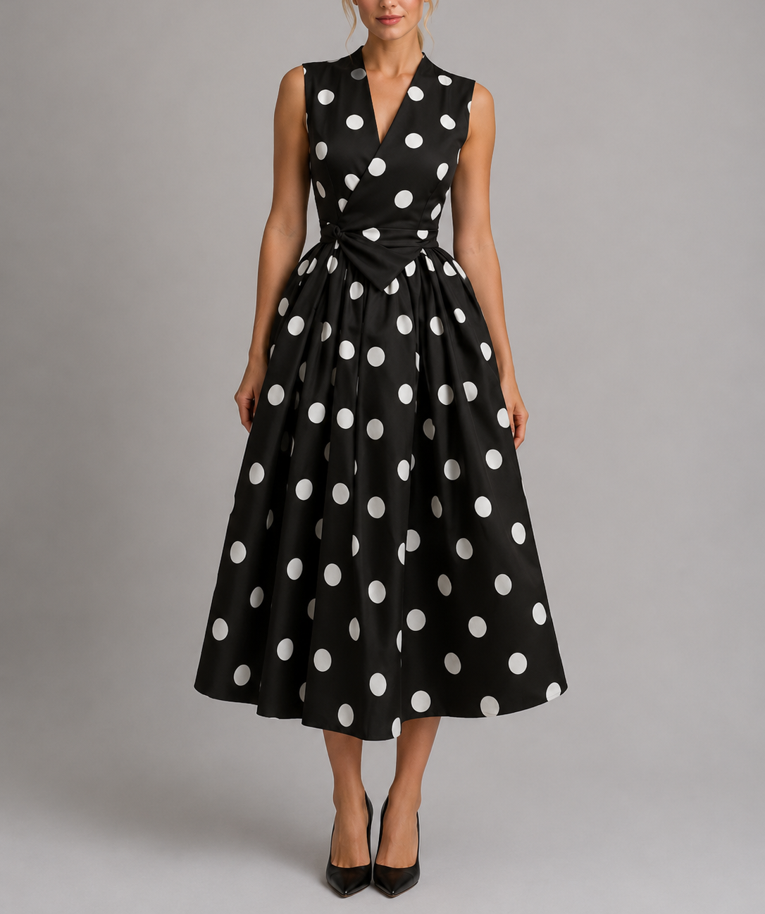 Clare - Women's Polka Dot Wrap Midi Dress with Tie Waist