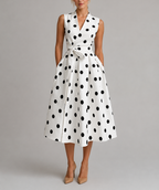 Clare - Women's Polka Dot Wrap Midi Dress with Tie Waist