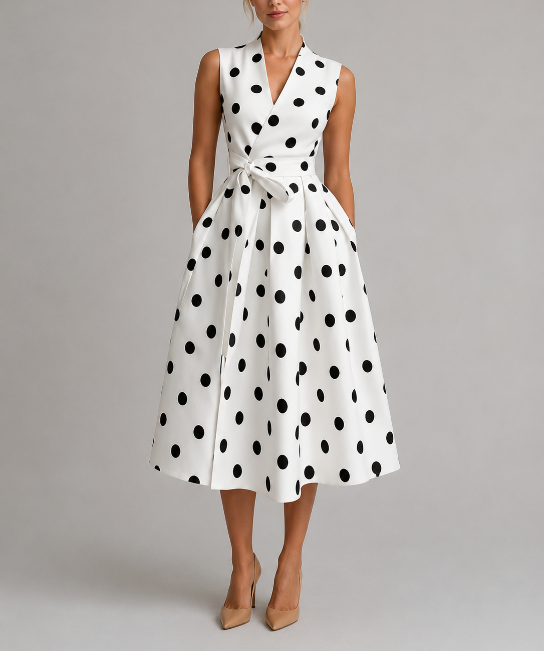 Clare - Women's Polka Dot Wrap Midi Dress with Tie Waist