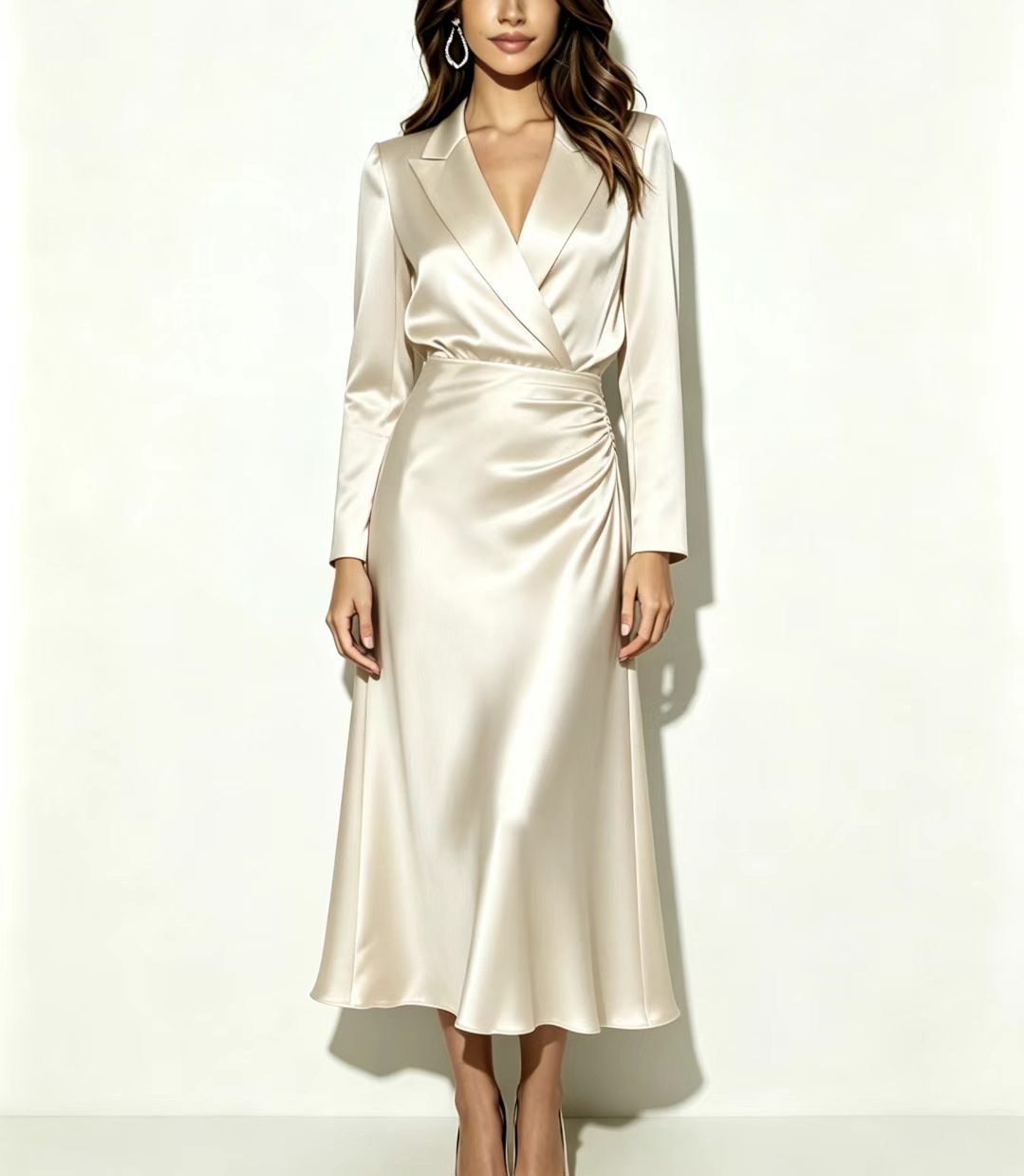 Colette - Women's Satin Long Sleeve Wrap Midi Dress 1