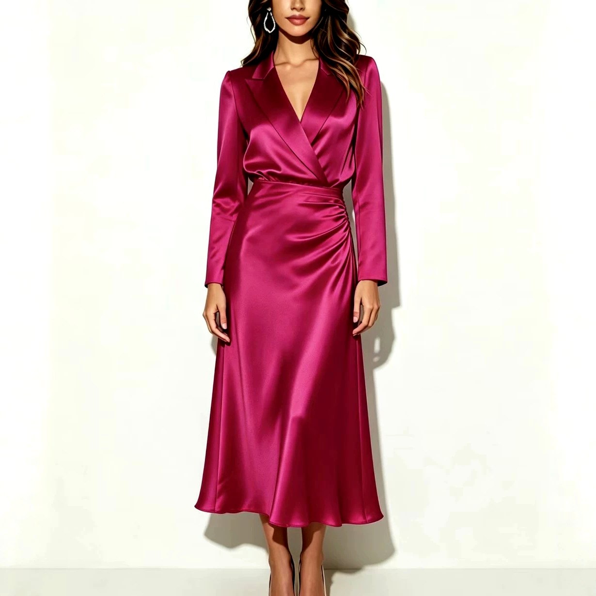 Colette - Women's Satin Long Sleeve Wrap Midi Dress 3