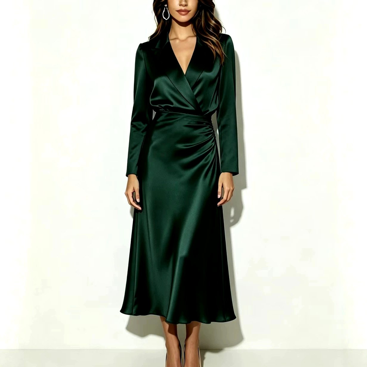 Colette - Women's Satin Long Sleeve Wrap Midi Dress 4