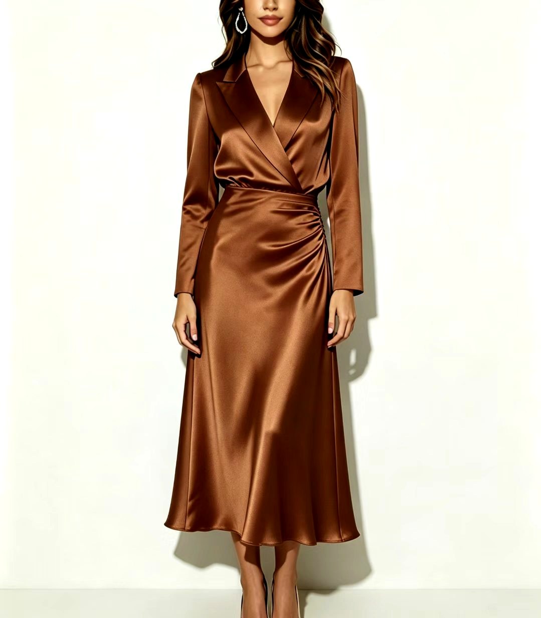Colette - Women's Satin Long Sleeve Wrap Midi Dress 5