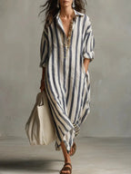 Cora - Women's Striped Linen Oversized Shirt Dress