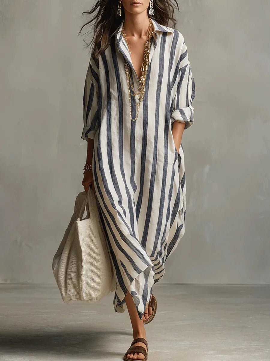 Cora - Women's Striped Linen Oversized Shirt Dress