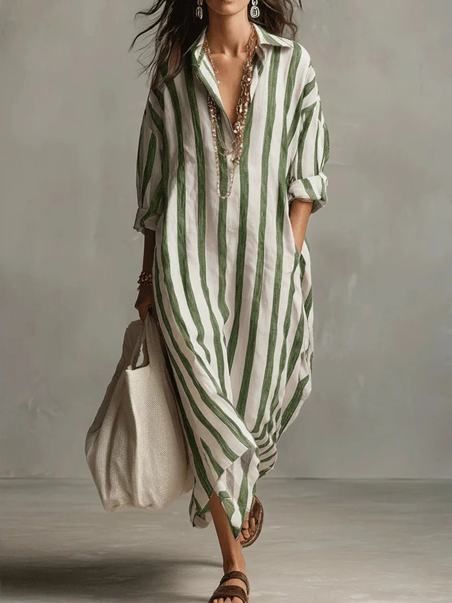 Cora - Women's Striped Linen Oversized Shirt Dress