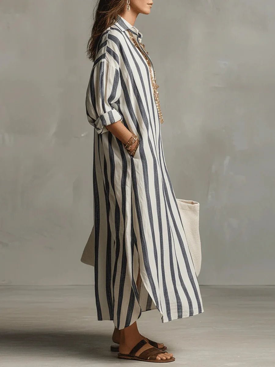 Cora - Women's Striped Linen Oversized Shirt Dress