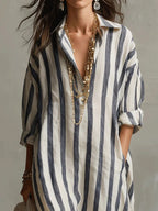 Cora - Women's Striped Linen Oversized Shirt Dress
